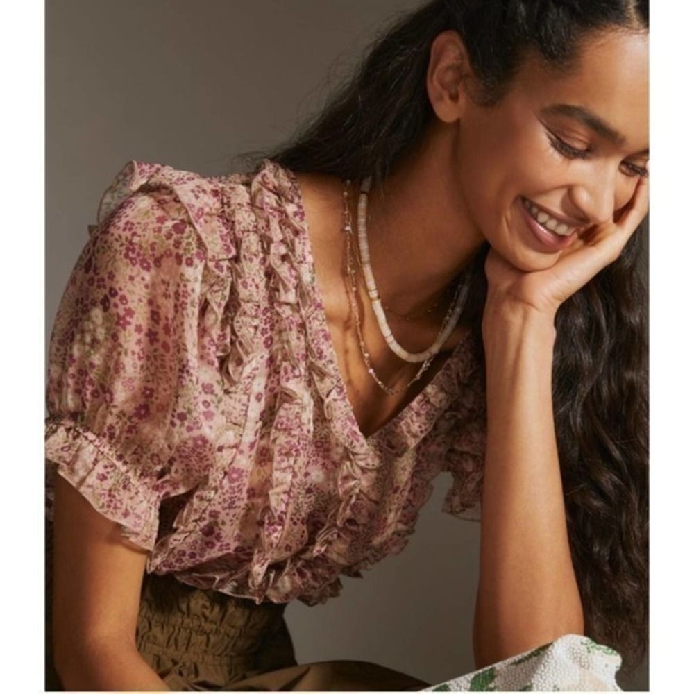 New Anthropolgie floral ruffled sleeve blouse size xsmall
